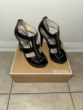 MICHAEL Michael Kors Black Leather Zip-Front Platform Heels